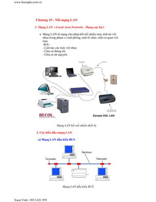 Chương 15 - Nối mạng LAN 
1. Mạng LAN ( Local Area Network - Mạng cục bộ ) 
z Mạng LAN là mạng cho phép kết nối nhiều máy tính lại với 
nhau trong phạm vi một phòng, một tổ chức, một cơ quan với 
mục 
đích : 
- Liên lạc các máy với nhau 
- Chia sẻ thông tin 
- Chia sẻ tài nguyên 
Mạng LAN kết nối nhiều thiết bị . 
2. Các kiểu đấu mạng LAN 
a) Mạng LAN đấu kiểu BUS 
Mạng LAN đấu kiểu BUS 
www.hocnghe.com.vn 
Xuan Vinh : 0912.421.959 
 