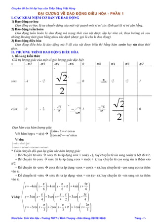 Chuyên đề ôn thi đại học của Thầy Đặng Việt Hùng
ĐẠI CƯƠNG VỀ DAO ĐỘNG ĐIỀU HÒA - PHẦN 1
I. CÁC KHÁI NIỆM CƠ BẢN VỀ DAO ĐỘNG
1) Dao động cơ học
Dao động cơ học là sự chuyển động của một vật quanh một vị trí xác định gọi là vị trí cân bằng.
2) Dao động tuần hoàn
Dao động tuần hoàn là dao động mà trạng thái của vật được lặp lại như cũ, theo hướng cũ sau
những khoảng thời gian bằng nhau xác định (được gọi là chu kì dao động).
3) Dao động điều hòa
Dao động điều hòa là dao động mà li độ của vật được biểu thị bằng hàm cosin hay sin theo thời
gian.
II. PHƯƠNG TRÌNH DAO ĐỘNG ĐIỀU HÒA
1. Bổ sung kiến thức
Giá trị lượng giác của một số góc lượng giác đặc biệt
x - π/2 -π/3 -π/4 -π/6 0 π/6 π/4 π/3 π/2
sinx -1 - 2
3
-
2
2-
2
10 2
1
2
2
2
3
1
cosx 0 - 2
1
-
2
2
-
2
31
2
3
2
2
2
1
0
Đạo hàm của hàm lượng giác
Với hàm hợp u = u(x) 
( )
( )


−=
=
uuu
uuu
sin''cos
cos''sin
Ví dụ:
( )
)sin(sin)cos(6)sin(sin)cos()'(3)sin(sin)'(sin3')cos(sin3
cos
2
cos'4'sin4
22222222
xxxxxxxxyxy
x
x
xxyxy
−=−=−=→=
==→=
* Cách chuyển đổi qua lại giữa các hàm lượng giác
+ Để chuyển từ sinx  cosx thì ta áp dụng sinx = cos(x - ), hay chuyển từ sin sang cosin ta bớt đi π/2.
+ Để chuyển từ cosx  sinx thì ta áp dụng cosx = sin(x + ), hay chuyển từ cos sang sin ta thêm vào
π/2
+ Để chuyển từ -cosx  cosx thì ta áp dụng -cosx = cos(x + π), hay chuyển từ –cos sang cos ta thêm
vào π.
+ Để chuyển từ -sinx  sinx thì ta áp dụng -sinx = sin (x+ π), hay chuyển từ –sin sang sin ta thêm
vào π.
Ví dụ:






+=





+−=





−−=






−=





−−=





−=






+=





+−=





−−=
3
2
cos2
3
cos2
3
cos2
4
3
cos3
24
cos3
4
sin3
6
5
sin4
6
sin4
6
sin4
π
π
ππ
ππππ
π
π
ππ
xxxy
xxxy
xxxy
Word hóa: Trần Văn Hậu - Trường THPT U Minh Thượng - Kiên Giang (0978919804) Trang - 1 -
 