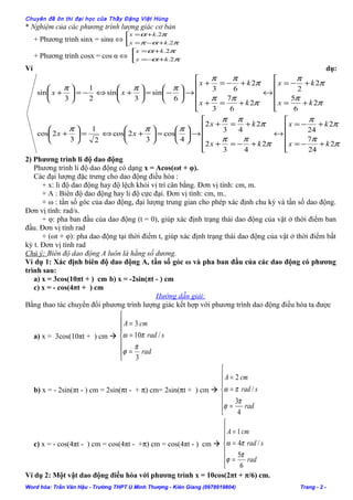 Chuyên đề ôn thi đại học của Thầy Đặng Việt Hùng
* Nghiệm của các phương trình lượng giác cơ bản
+ Phương trình sinx = sinα ⇔ 


+−=
+=
παπ
πα
2.
2.
kx
kx
+ Phương trình cosx = cos α ⇔ 


+−=
+=
πα
πα
2.
2.
kx
kx
Ví dụ:






+−=
+−=
↔






+−=+
+=+
→





=





+⇔=





+






+=
+−=
↔






+=+
+−=+
→





−=





+⇔−=





+
π
π
π
π
π
ππ
π
ππ
πππ
π
π
π
π
π
ππ
π
ππ
πππ
2
24
7
2
24
2
43
2
2
43
2
4
cos
3
2cos
2
1
3
2cos
2
6
5
2
2
2
6
7
3
2
63
6
sin
3
sin
2
1
3
sin
kx
kx
kx
kx
xx
kx
kx
kx
kx
xx
2) Phương trình li độ dao động
Phương trình li độ dao động có dạng x = Acos(ωt + φ).
Các đại lượng đặc trưng cho dao động điều hòa :
+ x: li độ dao động hay độ lệch khỏi vị trí cân bằng. Đơn vị tính: cm, m.
+ A : Biên độ dao động hay li độ cực đại. Đơn vị tính: cm, m..
+ ω : tần số góc của dao động, đại lượng trung gian cho phép xác định chu kỳ và tần số dao động.
Đơn vị tính: rad/s.
+ φ: pha ban đầu của dao động (t = 0), giúp xác định trạng thái dao động của vật ở thời điểm ban
đầu. Đơn vị tính rad
+ (ωt + φ): pha dao động tại thời điểm t, giúp xác định trạng thái dao động của vật ở thời điểm bất
kỳ t. Đơn vị tính rad
Chú ý: Biên độ dao động A luôn là hằng số dương.
Ví dụ 1: Xác định biên độ dao động A, tần số góc ω và pha ban đầu của các dao động có phương
trình sau:
a) x = 3cos(10πt + ) cm b) x = -2sin(πt - ) cm
c) x = - cos(4πt + ) cm
Hướng dẫn giải:
Bằng thao tác chuyển đổi phương trình lượng giác kết hợp với phương trình dao động điều hòa ta được
a) x = 3cos(10πt + ) cm 







=
=
=
rad
srad
cmA
3
/10
3
π
ϕ
πω
b) x = - 2sin(πt - ) cm = 2sin(πt - + π) cm= 2sin(πt + ) cm 







=
=
=
rad
srad
cmA
4
3
/
2
π
ϕ
πω
c) x = - cos(4πt - ) cm = cos(4πt - +π) cm = cos(4πt - ) cm 







=
=
=
rad
srad
cmA
6
5
/4
1
π
ϕ
πω
Ví dụ 2: Một vật dao động điều hòa với phương trình x = 10cos(2πt + π/6) cm.
Word hóa: Trần Văn Hậu - Trường THPT U Minh Thượng - Kiên Giang (0978919804) Trang - 2 -
 