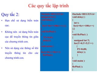 Quy tắc 2:
• Hạn chế sử dụng biến toàn
cục.
• Không nên sử dụng biến toàn
cục để truyền thông tin giữa
các chương trình con.
• Nên sử dụng các thông số khi
truyền thông tin cho các
chương trình con.
114
Các quy tắc lập trình
#include<REGX51.h>
unsigned int t;
void delay( )
{
for(t=0;t<=100;t++) {;}
}
void RePhai( )
{
P2=0x01;
delay();
}
void main( )
{
for(t=0;t<=10;t++)
RePhai();
#include<REGX51.h>
void delay( )
{
int t;
for(t=0;t<=100;t++)
{;}
}
void RePhai ( )
{
unsigned int T;
for(T=0;T<5;T++)
{
P2=0x00;
delay( );
}
}
void main( )
{
RePhai( );
}
 