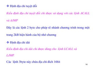 14
 Định địa chỉ tuyệt đối
Kiểu định địa chỉ tuyệt đối chỉ được sử dụng với các lệnh ACALL
và AJMP
Đây là các lệnh 2 byte cho phép rẽ nhánh chương trình trong một
trang 2kB hiện hành của bộ nhớ chương
 Định địa chỉ dài
Kiểu định địa chỉ dài chỉ được dùng cho lệnh LCALL và
LJMP.
Các lệnh 3byte này chứa địa chỉ đích 16bit
 