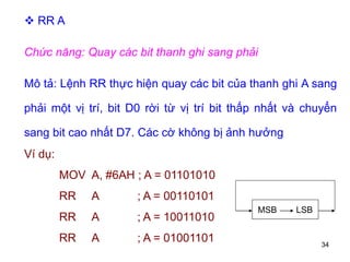 34
 RR A
Chức năng: Quay các bit thanh ghi sang phải
Mô tả: Lệnh RR thực hiện quay các bit của thanh ghi A sang
phải một vị trí, bit D0 rời từ vị trí bit thấp nhất và chuyển
sang bit cao nhất D7. Các cờ không bị ảnh hưởng
Ví dụ:
MOV A, #6AH ; A = 01101010
RR A ; A = 00110101
RR A ; A = 10011010
RR A ; A = 01001101
MSB LSB
 