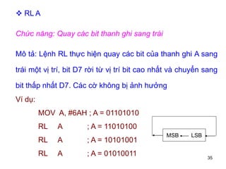 35
 RL A
Chức năng: Quay các bit thanh ghi sang trái
Mô tả: Lệnh RL thực hiện quay các bit của thanh ghi A sang
trái một vị trí, bit D7 rời từ vị trí bit cao nhất và chuyển sang
bit thấp nhất D7. Các cờ không bị ảnh hưởng
Ví dụ:
MOV A, #6AH ; A = 01101010
RL A ; A = 11010100
RL A ; A = 10101001
RL A ; A = 01010011
MSB LSB
 