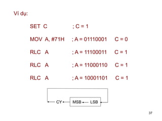 37
Ví dụ:
SET C ; C = 1
MOV A, #71H ; A = 01110001 C = 0
RLC A ; A = 11100011 C = 1
RLC A ; A = 11000110 C = 1
RLC A ; A = 10001101 C = 1
MSB LSB
CY
 