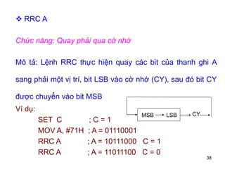 38
 RRC A
Chức năng: Quay phải qua cờ nhớ
Mô tả: Lệnh RRC thực hiện quay các bit của thanh ghi A
sang phải một vị trí, bit LSB vào cờ nhớ (CY), sau đó bit CY
được chuyển vào bit MSB
Ví dụ:
SET C ; C = 1
MOV A, #71H ; A = 01110001
RRC A ; A = 10111000 C = 1
RRC A ; A = 11011100 C = 0
MSB LSB CY
 
