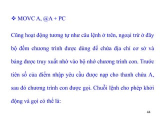 44
 MOVC A, @A + PC
Cũng hoạt động tương tự như câu lệnh ở trên, ngoại trừ ở đây
bộ đếm chương trình được dùng để chứa địa chỉ cơ sở và
bảng được truy xuất nhờ vào bộ nhớ chương trình con. Trước
tiên số của điểm nhập yêu cầu được nạp cho thanh chứa A,
sau đó chương trình con được gọi. Chuỗi lệnh cho phép khởi
động và gọi có thể là:
 