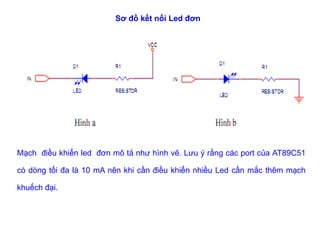 Sơ đồ kết nối Led đơn
Mạch điều khiển led đơn mô tả như hình vẽ. Lưu ý rằng các port của AT89C51
có dòng tối đa là 10 mA nên khi cần điều khiển nhiều Led cần mắc thêm mạch
khuếch đại.
 