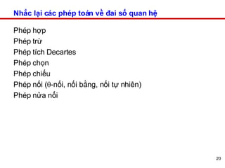 Nhắc lại các phép toán về đai số quan hệ  Phép hợp Phép trừ Phép tích Decartes Phép chọn  Phép chiếu Phép nối (  -nối, nối bằng, nối tự nhiên) Phép nửa nối 