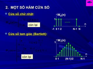 )(arg
)()()( Ω
Ω=Ω→← HjF
eHHnh
2.2. MỘT SỐ HÀM CỬA SỔMỘT SỐ HÀM CỬA SỔ
0
01-N1


 ≥≥
=
n
n
nWR
:
:
)(
còn lại
 Cửa sổ chữ nhậtCửa sổ chữ nhật::
 Cửa sổ tam giác (Bartlett)Cửa sổ tam giác (Bartlett)::









≤≤
−
−
≤≤
−
=
:0
1-N
2
1-N
:
1
2
2
2
1-N
0
1
2
n
N
n
n
N
n
nWT
:
)(
còn lại
0 1 (N-1)/2 N-1
1
n
WT(n)
-1 0 1 2 N-1 N
1
n
WR(n)
 