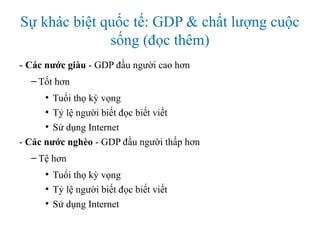 Sự khác biệt quốc tế: GDP & chất lượng cuộc
sống (đọc thêm)
- Các nước giàu - GDP đầu người cao hơn
– Tốt hơn
●
Tuổi thọ kỳ vọng
●
Tỷ lệ người biết đọc biết viết
●
Sử dụng Internet
- Các nước nghèo - GDP đầu người thấp hơn
– Tệ hơn
●
Tuổi thọ kỳ vọng
●
Tỷ lệ người biết đọc biết viết
●
Sử dụng Internet
 