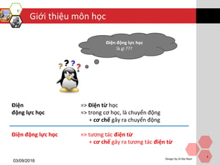 Design by Lê Đại Nam
Giới thiệu môn học
Điện => Điện từ học
động lực học => trong cơ học, là chuyển động
+ cơ chế gây ra chuyển động
Điện động lực học => tương tác điện từ
+ cơ chế gây ra tương tác điện từ
03/09/2018
3
What is Electrodynamics ???
Điện động lực học
là gì ???
 
