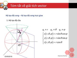 Tóm tắt về giải tích vector
03/09/2018
Design by Lê Đại Nam
44
Hệ tọa độ cong – hệ tọa độ cong trực giao
1. Hệ tọa độ cầu
 
 
 
1 2 3
, , sin cos
, , sin sin
, , cos
q r q q
x r r
y r r
z r r
 
   
   
  
  





r


 