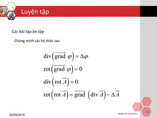 Luyện tập
03/09/2018
Design by Lê Đại Nam
55
Các bài tập ôn tập
Chứng minh các hệ thức sau
 
 
 
   
div grad
rot grad 0
div rot 0
rot rot grad div
A
A A A
 

 


  
 