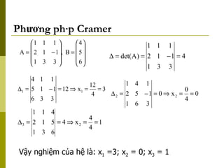 Phương pháp Cramer Vậy nghiệm của hệ là: x 1  =3; x 2  = 0; x 3  = 1 