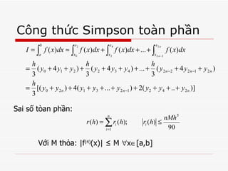 Công thức Simpson toàn phần Sai số tòan phần: Với M thỏa: |f (4) (x)|  ≤ M   x  [a,b] 