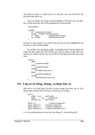 một thành viên lớp cơ sở được bảo vệ có thể được truy xuất bởi bất kỳ lớp
nào được dẫn xuất từ nó.
Ví dụ, các thành viên riêng của lớp ContactDir có thể được tạo ra là được
bảo vệ bằng cách thay thế từ khóa protected cho từ khóa private:
classContactDir{
//...
protected:
int Lookup(constchar*name);
Contact **contacts;//danhsachcacdoitac
int dirSize; //kichthuocthumuchientai
int maxSize; //kichthuocthumuctoida
};
Kết quả là, hàm Lookup và các thành viên dữ liệu của lớp ContactDir bây giờ
có thể truy xuất bởi lớp SmartDir.
Các từ khóa truy xuất private, public, và protected có thể xuất hiện nhiều lần
trong một định nghĩa lớp. Mỗi từ khóa truy xuất chỉ định các đặc điểm truy
xuất của các thành viên theo sau nó cho đến khi bắt gặp một từ khóa truy xuất
khác:
classFoo{
public:
//cacthanhvienchung...
private:
//cacthanhvienrieng...
protected:
//cacthanhvienduocbaove...
public:
//cacthanhvienchungnua...
protected:
//cacthanhvienduocbaovenua...
};
9.5. Lớp cơ sở riêng, chung, và được bảo vệ
Một lớp cơ sở có thể được chỉ định là riêng, chung, hay được bảo vệ. Nếu
không được chỉ định như thế, lớp cơ sở được giả sử là riêng:
classA{
private: intx; voidFx(void);
public: inty; voidFy(void);
protected: intz; voidFz(void);
};
classB:A{}; //AlalopcosoriengcuaB
classC:privateA{}; //AlalopcosoriengcuaC
classD:publicA{}; //AlalopcosochungcuaD
classE:protectedA{}; //AlalopcosoduocbaovecuaE
Cư xử của những lớp này là như sau (xem Bảng 9.1 cho một tổng kết):
Chương 9: Thừa kế 156
 