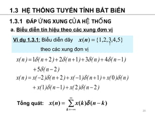 1.3  H? TH?NG TUY?N T?NH B?T Bi?N 1.3.1  ??P ?NG XUNG C?A H? TH?NG a.  Bi?u di?n tn hi?u theo cc xung ??n v? T?ng qut: V d? 1.3.1 :  Bi?u di?n d?y theo cc xung ??n v?  
