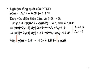 Nghi?m t?ng qut c?a PTSP: y(n) = (A 1 1 n  + A 2 2 n  )+ 4,5 3 n D ?a vo ?i?u ki?n ??u: y(n)=0: n<0: T?:  y(n)= 3y(n-1) - 2y(n-2) + x(n)  v ?i  x(n)=3 n   ?   y(0)=3y(-1)-2y(-2)+3 0  =1= A 1 +A 2 +4.5    ?   y(1)= 3y(0)-2y(-1)+3 1 =6= A 1 +2A 2 +4,5.3 1 V ?y:  y(n) = 0.5 1 n  - 4 2 n  + 4,5 3 n   : n ? 0 A 1 =0.5 A 2 =- 4 