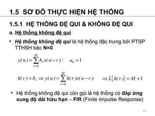 1.5  S? ?? TH?C HI?N H? TH?NG  H ? th?ng kh?ng ?? qui  l h? th?ng ??c tr?ng b?i PTSP TTHSH b?c  N=0 1.5.1  H? TH?NG ?? QUI & KH?NG ?? QUI a.  H ? th?ng kh?ng ?? qui H ? th?ng kh?ng ?? qui cn g?i l h? th?ng c  ?p ?ng xung ?? di h?u h?n  C  FIR  (Finite Impulse Response) 