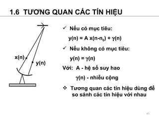1.6  T ??NG QUAN C?C T?N HI?U N?u c m?c tiu: y(n) = A x(n-n 0 ) +  ? (n) N?u kh?ng c m?c tiu: y(n) =  ? (n) V?i:  A - h? s? suy hao ? (n) - nhi?u c?ng T??ng quan cc tn hi?u dng ??  so snh cc tn hi?u v?i nhau x(n) y(n) 