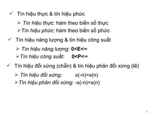 Tn hi?u th?c & tn hi?u ph?c Tn hi?u th?c : hm theo bi?n s? th?c Tn hi?u ph?c : hm theo bi?n s? ph?c Tn hi?u n?ng l??ng & tn hi?u c?ng su?t Tn hi?u n?ng l??ng :  0<E<  Tn hi?u c?ng su?t :  0<P<    Tn hi?u ??i x?ng (ch?n) & tn hi?u ph?n ??i x?ng (l?) Tn hi?u ??i x?ng :  x(-n)=x(n) Tn hi?u ph?n ??i x?ng : -x(-n)=x(n) 