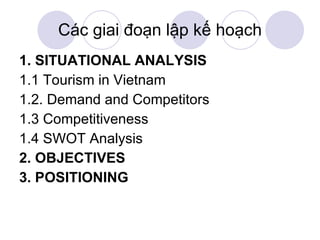 1. SITUATIONAL ANALYSIS 1.1 Tourism in Vietnam 1.2. Demand and Competitors 1.3 Competitiveness 1.4 SWOT Analysis 2. OBJECTIVES 3. POSITIONING Các giai đoạn lập kế hoạch 