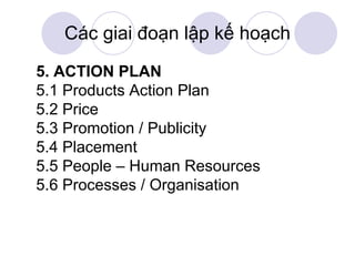 Các giai đoạn lập kế hoạch 5. ACTION PLAN 5.1 Products Action Plan 5.2 Price 5.3 Promotion / Publicity 5.4 Placement 5.5 People – Human Resources 5.6 Processes / Organisation 