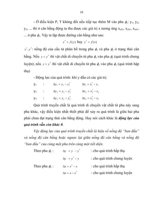 10
- Ở điều kiện P, T không đổi nếu tiếp tục thêm M vào pha φy: y1, y2,
y3, ... thì ở cân bằng động ta thu được các giá trị x tương ứng xcb1, xcb1, xcb1,
... ở pha φx. Vậy ta lập được đường cân bằng như sau:
)(*
yfx = hay )(*
xfy =
**
, yx : nồng độ của cấu tử phân bố trong pha φx và pha φy ở trạng thái cân
bằng. Nếu *
yy < thì vật chất di chuyển từ pha φx vào pha φy (quá trình chưng
luyện); nếu *
yy > thì vật chất di chuyển từ pha φy vào pha φx (quá trình hập
thụ)
- Động lực của quá trình: khi y đầu có các giá trị:
y1 : *
111 yyy −=∆ 1
*
11 xxx −=∆
y2 : *
222 yyy −=∆ 2
*
22 xxx −=∆
y3 : *
333 yyy −=∆ 3
*
33 xxx −=∆
Quá trình truyền chất là quá trình di chuyển vật chất từ pha này sang
pha khác, vậy điều kiện nhất thiết phải để xảy ra quá trình là giữa hai pha
phải chưa đạt trạng thái cân bằng động. Hay nói cách khác là động lực của
quá trình vẫn còn khác 0.
Vậy động lực của quá trình truyền chất là hiệu số nồng độ “ban đầu”
và nồng độ cân bằng hoặc ngược lại giữa nồng độ cân bằng và nồng độ
“ban đầu” của cùng một pha trên cùng một tiết diện.
Theo pha φy : *
yyy −=∆ : cho quá trình hấp thụ
yyy −=∆ *
: cho quá trình chưng luyện
Theo pha φx : xxx −=∆ *
: cho quá trình hấp thụ
*
xxx −=∆ : cho quá trình chưng luyện
 