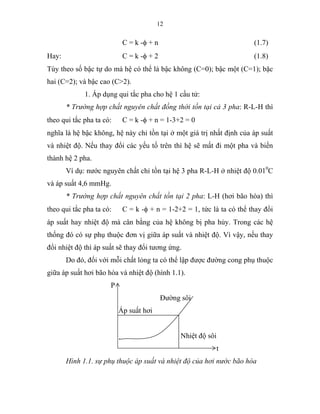 12
C = k -φ + n (1.7)
Hay: C = k -φ + 2 (1.8)
Tùy theo số bậc tự do mà hệ có thể là bậc không (C=0); bậc một (C=1); bặc
hai (C=2); và bậc cao (C>2).
1. Áp dụng qui tắc pha cho hệ 1 cấu tử:
* Trường hợp chất nguyên chất đồng thời tồn tại cả 3 pha: R-L-H thì
theo qui tắc pha ta có: C = k -φ + n = 1-3+2 = 0
nghĩa là hệ bậc không, hệ này chỉ tồn tại ở một giá trị nhất định của áp suất
và nhiệt độ. Nếu thay đổi các yếu tố trên thì hệ sẽ mất đi một pha và biến
thành hệ 2 pha.
Ví dụ: nước nguyên chất chỉ tồn tại hệ 3 pha R-L-H ở nhiệt độ 0.010
C
và áp suất 4,6 mmHg.
* Trường hợp chất nguyên chất tồn tại 2 pha: L-H (hơi bão hòa) thì
theo qui tắc pha ta có: C = k -φ + n = 1-2+2 = 1, tức là ta có thể thay đổi
áp suất hay nhiệt độ mà cân bằng của hệ không bị pha hủy. Trong các hệ
thống đó có sự phụ thuộc đơn vị giữa áp suất và nhiệt độ. Vì vậy, nếu thay
đổi nhiệt độ thì áp suất sẽ thay đổi tương ứng.
Do đó, đối với mỗi chất lỏng ta có thể lập được đường cong phụ thuộc
giữa áp suất hơi bão hòa và nhiệt độ (hình 1.1).
P
Đường sôi
Áp suất hơi
Nhiệt độ sôi
t
Hình 1.1. sự phụ thuộc áp suất và nhiệt độ của hơi nước bão hòa
 