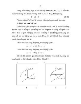 29
Trong mỗi trường hợp cụ thể các đại lượng Gx, Gy, Xđ, Yc đều cho
trước và không đổi, do đó phương trình (1.47) có dạng đường thẳng.
BAXY += (1.48)
Phương trình (1.48) gọi là phương trình đường nồng độ làm việc.
II. Động lực khuyếch tán:
Quá trình truyền chất giữa các pha xảy ra một cách tự nhiên khi nồng
độ làm việc và nồng độ cân bằng của cấu tử phân bố trong mỗi pha khác
nhau. Hiệu số giữa nồng độ làm việc và nồng độ cân bằng gọi là động lực
khuyếch tán hay động lực truyền chất. Động lực có thể tính theo nồng độ
pha φy hay nồng độ pha φx.
* Nếu tính theo nồng độ pha φy ta có động lực là:
yyy −=∆ *
hay *
yyy −=∆
* Nếu tính theo nồng độ pha φx ta có động lực là:
xxx −=∆ *
hay *
xxx −=∆
Đối với bất cứ một quá trình truyền chất nào trong thiết bị, động lực
truyền chất có thể biểu diễn bằng đồ thị (hình 1.7)
y y
)(*
xfy = )(*
xfy =
y∆ x∆
baxy += baxy +=
I x II x
 