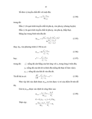 45
Số đơn vị truyền chất đối với một đĩa:
)(
1
)(
dn
nn
dy
y
yy
m
∆
−
±= +
(1.94)
trong đó:
Dấu (+) là quá trình truyền chất từ pha φx vào pha φy (chưng luyện).
Dấu (-) là quá trình truyền chất từ pha φy vào pha φx (hấp thụ).
Động lực trung bình trên đĩa đó:
)(
)(
ln
)()(
*
1
*
*
1
*
)(
nn
nn
nnnn
dn
yy
yy
yyyy
y
−
−
−−−
±=∆
+
+
(1.95)
thay ∆yn vào phương trình (1.94) ta có:
nn
nn
dy
yy
yy
m
−
−
= +
*
1
*
)( ln (1.96)
hay:
nn
nnm
yy
yy
e dy
−
−
= +
*
1
*
)(
(1.97)
trong đó: *
ny : nồng độ cân bằng của hơi ứng với xn trong lỏng ở trên đĩa;
yn: nồng độ của khí đi ra khỏi đĩa (nồng độ thực tế làm việc);
yn+1: nồng độ của khí đi vào đĩa đó.
Từ đồ thị ta có: )(
*
1
*
dym
nn
nn
e
yy
yy
CB
AC
=
−
−
= +
(1.98)
Như vậy khi xác định được my(đ) ta tìm đựoc vị trí của điểm B trên đồ
thị.
Giá trị my(đ) được xác định từ công thức sau:
y
y
dn
nn
dy
G
Fk
y
yy
m =
∆
−
= +
)(
1
)( (1.99)
Thật vậy:
y
y
y
tb
cd
tbycdy
m
G
Fk
y
yy
yFkyyGG
==
∆
−
⇒
∆=−=
)(
)(
 