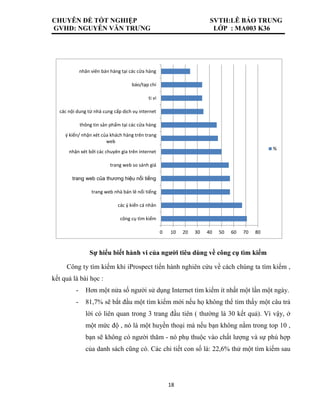 CHUYÊN ĐỀ TỐT NGHIỆP SVTH:LÊ BẢO TRUNG
GVHD: NGUYỄN VĂN TRƯNG LỚP : MA003 K36
18
0 10 20 30 40 50 60 70 80
công cụ tìm kiếm
các ý kiến cá nhân
trang web nhà bán lẻ nổi tiếng
trang web của thương hiệu nổi tiếng
trang web so sánh giá
nhận xét bởi các chuyên gia trên internet
ý kiến/ nhận xét của khách hàng trên trang
web
thông tin sản phẩm tại các cửa hàng
các nội dung từ nhà cung cấp dịch vụ internet
ti vi
báo/tạp chí
nhân viên bán hàng tại các cửa hàng
%
Sự hiểu biết hành vi của người tiêu dùng về công cụ tìm kiếm
Công ty tìm kiếm khi iProspect tiến hành nghiên cứu về cách chúng ta tìm kiếm ,
kết quả là bài học :
- Hơn một nửa số người sử dụng Internet tìm kiếm ít nhất một lần một ngày.
- 81,7% sẽ bắt đầu một tìm kiếm mới nếu họ không thể tìm thấy một câu trả
lời có liên quan trong 3 trang đầu tiên ( thường là 30 kết quả). Vì vậy, ở
một mức độ , nó là một huyền thoại mà nếu bạn không nằm trong top 10 ,
bạn sẽ không có người thăm - nó phụ thuộc vào chất lượng và sự phù hợp
của danh sách cũng có. Các chi tiết con số là: 22,6% thử một tìm kiếm sau
 