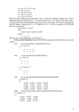4
a = [10; 15; 12; 25; 30];
r2 = [a, a, a, a];
b = [10, 15, 20 ,25];
r1 = [b; b; b ;b; b];
k = r2./((r1+r2).^2);
Mçi cét trong k t−¬ng −ng víi mét gi¸ trÞ cña r1. VÝ dô gi¸ trÞ 0.0163 ë hµng 2 cét 3 cña k
t−¬ng øng víi gi¸ trÞ thø hai cña r1 = 15 vµ gÝ trÞ thø 3 cña r2 = 20. Nh− vËy víi gi¸ trÞ cña r1
= 15 ta cã thÓ xem ë cét t−¬ng øng cña k lµ cét 2 xem gi¸ trÞ nµo cña k lµ max. Gi¸ trÞ ®ã lµ
0.0167 ë hµng 2 t−¬ng øng víi r1 = 15. NghÜa lµ víi r1 = 15 th× r2 còng ph¶i 15. MATLAB
lµm viÖc nµy nh− sau:
[max,hang] = max(r);
max =
0.025 0.0167 0.0125 0.0100
hang =
1 2 3 4
Nh− vËy cét 1 t−¬ng øng hµng 1,cét 2 hµng 2 v.v.
d.T¹o ma trËn b»ng hµm cã s½n : MATLAB cung cÊp mét sè hµm ®Ó t¹o c¸c ma trËn
c¬ b¶n:
zeros t¹o ra ma trËn mµ c¸c phÇn tö ®Òu lµ zeros
z = zeros(2, 4)
z =
0 0 0 0
0 0 0 0
ones t¹o ra ma trËn mµ c¸c phÇn tö ®Òu lµ 1
x = ones(2, 3)
x =
1 1 1
1 1 1
y = 5*ones(2, 2)
y =
5 5
5 5
rand t¹o ra ma trËn mµ c¸c phÇn tö ngÉu nhiªn ph©n bè ®Òu
d=rand(4, 4)
d =
0.9501 0.8913 0.8214 0.9218
0.2311 0.7621 0.4447 0.7382
0.6068 0.4565 0.6154 0.1763
0.4860 0.0185 0.7919 0.4057
randn t¹o ra ma trËn mµ c¸c phÇn tö ngÉu nhiªn ph©n bè trùc giao
e = randn(3, 3)
e =
- 0.4326 0.2877 1.1892
- 1.6656 -1.1465 -0.0376
0.1253 1.1909 0.3273
 