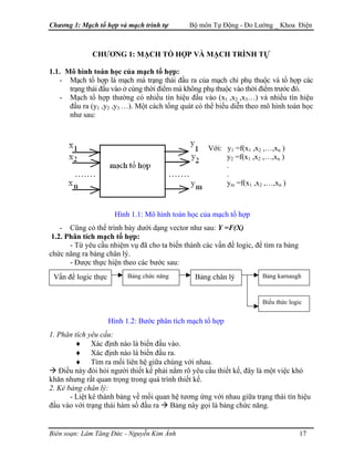 Chương 1: Mạch tổ hợp và mạch trình tự Bộ môn Tự Động - Đo Lường _ Khoa Điện
CHƯƠNG 1: MẠCH TỔ HỢP VÀ MẠCH TRÌNH TỰ
1.1. Mô hình toán học của mạch tổ hợp:
- Mạch tổ hợp là mạch mà trạng thái đầu ra của mạch chỉ phụ thuộc và tổ hợp các
trạng thái đầu vào ở cùng thời điểm mà không phụ thuộc vào thời điểm trước đó.
- Mạch tổ hợp thường có nhiều tín hiệu đầu vào (x1 ,x2 ,x3…) và nhiều tín hiệu
đầu ra (y1 ,y2 ,y3 …). Một cách tổng quát có thể biểu diễn theo mô hình toán học
như sau:
Với: y1 =f(x1 ,x2 ,…,xn )
y2 =f(x1 ,x2 ,…,xn )
.
.
ym =f(x1 ,x2 ,…,xn )
Hình 1.1: Mô hình toán học của mạch tổ hợp
- Cũng có thể trình bày dưới dạng vector như sau: Y =F(X)
1.2. Phân tích mạch tổ hợp:
- Từ yêu cầu nhiệm vụ đã cho ta biến thành các vấn đề logic, để tìm ra bảng
chức năng ra bảng chân lý.
- Được thực hiện theo các bước sau:
1. Phân tích yêu cầu:
Biểu thức logic
Bảng karnaughBảng chân lýBảng chức năngVấn đề logic thực
Hình 1.2: Bước phân tích mạch tổ hợp
♦ Xác định nào là biến đầu vào.
♦ Xác định nào là biến đầu ra.
♦ Tìm ra mối liên hệ giữa chúng với nhau.
Điều này đòi hỏi người thiết kế phải nắm rõ yêu cầu thiết kế, đây là một việc khó
khăn nhưng rất quan trọng trong quá trình thiết kế.
2. Kẻ bảng chân lý:
- Liệt kê thành bảng về mối quan hệ tương ứng với nhau giữa trạng thái tín hiệu
đầu vào với trạng thái hàm số đầu ra Bảng này gọi là bảng chức năng.
Biên soạn: Lâm Tăng Đức - Nguyễn Kim Ánh 17
 