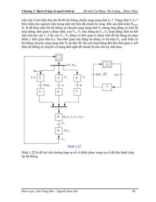 Chương 1: Mạch tổ hợp và mạch trình tự Bộ môn Tự Động - Đo Lường _ Khoa Điện
trên cân 2 (tín hiệu báo đủ B) thì hệ thống chuển sang trạng thái 6, 7. Trạng thái 5, 6, 7
biểu hiện cho nguyên liệu trong một mẽ trộn đã chuẩn bị xong. Khi các điều kiện Nmax,
A, B đã thỏa mãn thì hệ thống sẽ chuyển sang trạng thái 8, tương ứng động cơ trộn M
hoạt động, thời gian t2 được tính, van V4, V5 mở, băng tải C1, C2 hoạt động. Khi xả hết
liệu trên hai cân 1, 2 thì van V1, V2 dừng và thời gian t1 được tính để hai băng tải chạy
thêm 1 thời gian nữa (t1). Sau thời gian này băng tải dừng và tín hiệu Ft1 xuất hiện và
hệ thống chuyển sang trạng thái 9, tại đây M vẫn còn hoạt động đến khi thời gian t2 kết
thúc hệ thống sẽ chuyển về trạng thái nghỉ để chuẩn bị cho chu kỳ tiếp theo.
AU AUREP_
10
11
P, V1
Mmin
Ft2
M, t2
Ft1
M, V4, V5, C1, C2, t1
A BNmax
V3V2
9
8
5
2
6
3
7
4
1
AU_Nmin
Hình 1.22
Hình 1.22 b) để xét cho trường hợp sự cố và khắc phục xong sự cố để tiến hành chạy
lại hệ thống.
Biên soạn: Lâm Tăng Đức - Nguyễn Kim Ánh 30
 