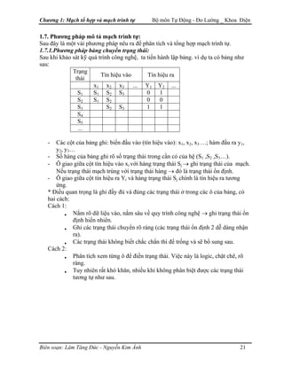 Chương 1: Mạch tổ hợp và mạch trình tự Bộ môn Tự Động - Đo Lường _ Khoa Điện
1.7. Phương pháp mô tả mạch trình tự:
Sau đây là một vài phương pháp nêu ra để phân tích và tổng hợp mạch trình tự.
1.7.1.Phương pháp bảng chuyển trạng thái:
Sau khi khảo sát kỹ quá trình công nghệ, ta tiến hành lập bảng. ví dụ ta có bảng như
sau:
Trạng
thái
Tín hiệu vào Tín hiệu ra
x1 x2 x3 ... Y1 Y2 ...
S1 S1 S2 S3 0 1
S2 S1 S2 0 0
S3 S2 S3 1 1
S4
S5
...
- Các cột của bảng ghi: biến đầu vào (tín hiệu vào): x1, x2, x3 …; hàm đầu ra y1,
y2, y3…
- Số hàng của bảng ghi rõ số trạng thái trong cần có của hệ (S1 ,S2 ,S3…).
- Ô giao giữa cột tín hiệu vào xi với hàng trạng thái Sj → ghi trạng thái của mạch.
Nếu trạng thái mạch trùng với trạng thái hàng → đó là trạng thái ổn định.
- Ô giao giữa cột tín hiệu ra Yi và hàng trạng thái Sj chính là tín hiệu ra tương
ứng.
* Điều quan trọng là ghi đầy đủ và đúng các trạng thái ở trong các ô của bảng, có
hai cách:
Cách 1:
• Nắm rõ dữ liệu vào, nắm sâu về quy trình công nghệ → ghi trạng thái ổn
định hiển nhiên.
• Ghi các trạng thái chuyển rõ ràng (các trạng thái ổn định 2 dễ dàng nhận
ra).
• Các trạng thái không biết chắc chắn thì để trống và sẽ bổ sung sau.
Cách 2:
• Phân tích xem từng ô để điền trạng thái. Việc này là logic, chặt chẽ, rõ
ràng.
• Tuy nhiên rất khó khăn, nhiều khi không phân biệt được các trạng thái
tương tự như sau.
Biên soạn: Lâm Tăng Đức - Nguyễn Kim Ánh 21
 