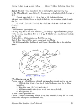 Chương 1: Mạch tổ hợp và mạch trình tự Bộ môn Tự Động - Đo Lường _ Khoa Điện
Bước 1: Từ các ô ở bảng trạng thái ta tìm ra các trạng thái & giá trị tương ứng.
Ví dụ: Ở bảng bên có 5 trạng thái từ S1÷ S5 nhưng chỉ có: S1 có giá trị S1/1; S5 có giá trị
S5/0
Còn các trạng thái: S2 , S3 , S4 có 2 giá trị 0 & 1 nên ta có 6 đỉnh.
Vậy tổng cộng, đồ hình Moore có 8 đỉnh. Ở đỉnh này gán tương ứng với các Q, từ Q1
đến Q8 .
Q1 = S2/0 ; Q2 = S3/0 ; Q3 = S4/0 ;Q4 = S5/0 ; Q5 = S1/1 ; Q6 = S2/1 ; Q7 = S3/1
Q8 = S4/1
Bước 2:
Tiến hành thành lập bảng như sau:
(Từ bảng trạng thái ta tiến hành điền đỉnh Qi vào ô ví dụ ô ở góc đầu bên trái, gióng α
với S2 bên bảng trạng thái ta được S4 /1 Q8 điền Q8 vào ô này, tương tự như vậy
cho đến hết).
Ở cột tín hiệu ra là kết quả của từng đỉnh Q tương ứng.
Bước 3: Tiến hành vẽ đồ thị Moore tương tự đồ hình Mealy.
* Đồ thị Moore có nhiều đỉnh hơn đồ hình Mealy. Nhưng biến đầu ra đơn giản hơn
Mealy.
Q1/0 Q2/0 Q4/0Q3/0
Q7/1 Q8/1Q6/1Q5/1
α α
(α+β+γ)
(α+β+γ)
β
β
γ
(α+γ)
α
β
β
γ
β
γ
β
γ
(β+γ)
Hình 1.11: Đồ hình Moore
1.7.3. Phương pháp lưu đồ:
Phương pháp này mô tả hệ thống một cách trực quan, bao gồm các khối cơ bản sau:
1) Khối này biểu thị giá trị ban đầu để chuẩn bị sẵn sàng hoặc cho hệ thống
hoạt động.
2) Thực hiện công việc (xử lý, tính toán ...).
3) Khối kiểm tra điều kiện và đưa ra một trong hai quyết định.
4) Kết thúc công việc.
Ví dụ ta có sơ đồ thuật toán sau:
Chuyển a) sang đồ hình Moore; đồ hình có sáu đỉnh, năm đỉnh là trạng thái của z, một
đỉnh còn lại là trạng thái bắt đầu và kết thúc.
Biên soạn: Lâm Tăng Đức - Nguyễn Kim Ánh 23
 