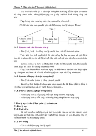 Chương I: Nhập môn tâm lý học quản trị kinh doanh
- Các thuộc tính tâm lý: là các hiện tượng tâm lý tương đối ổn định, tạo thành
nét riêng của cá nhân, những hiện tượng tâm lý này khó hình thành nhưng cũng khó
mất.
Ví dụ: luơng tâm, tư tưởng, tình cảm, quan điểm, tính cách…
Có thể biểu hiện mối quan hệ giữa các hiện tượng tâm lý bằng sơ đồ sau:
1.4.2. Dựa vào tính chủ định của tâm lý
- Tâm lý có ý thức: là những tâm lý có chủ tâm, chủ thể nhận thức được.
Ví dụ: Một học sinh quyết định thi vào trường đại học sư phạm và giải thích
rằng đó là vì em rất yêu trẻ và thích trình bày một cách dễ hiểu các chứng minh toán
học
- Tâm lý chưa có ý thức: là những tâm lý chủ thể không chủ tâm, không điều
chỉnh được nó, và có thể không nhận thức đựơc.
Ví dụ: Một đứa trẻ khỏe mạnh thì ngay sau khi sinh ra đã nắm chặt được ngón
tay của người lớn, hoặc cái bút chì, nếu những vật đó chạm vào lòng bàn tay nó.
1.4.3. Dựa vào số luợng các hiện tượng tâm lý
- Tâm lý cá nhân: là tâm lý riêng của một người.
- Tâm lý xã hội: là tâm lý chung của nhiều người, họ đă thống nhất và đồng ý
với nhau hoặc giống nhau về suy nghĩ, thái độ, tình cảm…
1.4.4. Dựa vào chứcnăng hiện tượng tâm lý
- Hiện tượng tâm lý sống động: thể hiện trong hành vi, hoạt động
- Hiện tượng tâm lý tiềm tàng: tích động trong sản phẩm của hoạt động
2. Tâm lý học và tâm lý học quản trị kinh doanh
2.1.Tâm lý học
2.1.1. Khái niệm
- Là một khoa học nghiên cứu về tâm lý, nghiên cứu các sự kiện của đời sống
tâm lý, các quy luật nảy sinh, diễn biến và phát triển của các sự kiện đó, cũng như cơ
chế hình thành của hiện tượng tâm lý
2.1.2. Đối tượng
+ Tất cả các hiện tượng tâm lý người
Tâm lý học và quản trị kinh doanh 6
Tâm lý
Các quá trình
tâm lý
Các trạng thái
tâm lý
Các thuộc tính
tâm
lý
 