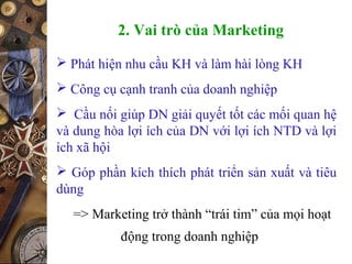 2. Vai trò của Marketing
 Phát hiện nhu cầu KH và làm hài lòng KH
 Công cụ cạnh tranh của doanh nghiệp
 Cầu nối giúp DN giải quyết tốt các mối quan hệ
và dung hòa lợi ích của DN với lợi ích NTD và lợi
ích xã hội
 Góp phần kích thích phát triển sản xuất và tiêu
dùng
=> Marketing trở thành “trái tim” của mọi hoạt
động trong doanh nghiệp
 