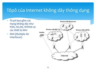  Tô pô bao gồm các
mạng không dây như
PAN, WLAN, WWAN và
các thiết bị MAI
 MAI (Multiple Air
Interfaces)
50
Tôpô của Internet không dây thông dụng
 
