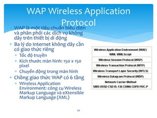  WAP là một tiêu chuẩn biểu diễn
và phân phối các dịch vụ không
dây trên thiết bị di động
 Ba lý do Internet không dây cần
có giao thức riêng
 Tốc độ truyền
 Kích thước màn hình: 150 x 150
pixel
 Chuyển động trong màn hình
 Chồng giao thức WAP có 6 tầng
 Wireless Application
Environment: công cụ Wireless
Markup Language và eXtensible
Markup Language (XML)
54
WAP Wireless Application
Protocol
 