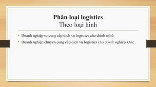 Phân loại logistics
Theo loại hình
• Doanh nghiệp tự cung cấp dịch vụ logistics cho chính mình
• Doanh nghiệp chuyên cung cấp dịch vụ logistics cho doanh nghiệp khác
 