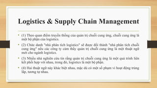 Logistics & Supply Chain Management
• (1) Theo quan điểm truyền thống của quản trị chuỗi cung ứng, chuỗi cung ứng là
một bộ phận của logistics.
• (2) Chức danh "nhà phân tích logistics" sẽ được đổi thành "nhà phân tích chuỗi
cung ứng" nếu các công ty cảm thấy quản trị chuỗi cung ứng là một thuật ngữ
mới cho ngành logistics.
• (3) Nhiều nhà nghiên cứu tin rằng quản trị chuỗi cung ứng là một quá trình liên
kết phối hợp với nhau, trong đó, logistics là một bộ phận.
• (4) Hai thuật ngữ này khác biệt nhau, mặc dù có một số phạm vi hoạt động trùng
lắp, tương tự nhau.
 