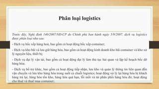 Phân loại logistics
Trước đây, Nghị định 140/2007/NĐ-CP do Chính phủ ban hành ngày 5/9/2007, dịch vụ logistics
được phân loại như sau:
- Dịch vụ bốc xếp hàng hoá, bao gồm cả hoạt động bốc xếp container;
- Dịch vụ kho bãi và lưu giữ hàng hóa, bao gồm cả hoạt động kinh doanh kho bãi container và kho xử
lý nguyên liệu, thiết bị;
- Dịch vụ đại lý vận tải, bao gồm cả hoạt động đại lý làm thủ tục hải quan và lập kế hoạch bốc dỡ
hàng hóa;
- Dịch vụ bổ trợ khác, bao gồm cả hoạt động tiếp nhận, lưu kho và quản lý thông tin liên quan đến
vận chuyển và lưu kho hàng hóa trong suốt cả chuỗi logistics; hoạt động xử lý lại hàng hóa bị khách
hàng trả lại, hàng hóa tồn kho, hàng hóa quá hạn, lỗi mốt và tái phân phối hàng hóa đó; hoạt động
cho thuê và thuê mua container;
 