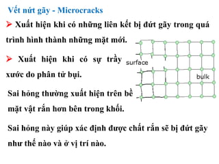 Vết nứt gãy - Microcracks
 Xuất hiện khi có những liên kết bị đứt gãy trong quá
trình hình thành những mặt mới.
 Xuất hiện khi có sự trầy
xước do phân tử bụi.
Sai hỏng thường xuất hiện trên bề
mặt vật rắn hơn bên trong khối.
Sai hỏng này giúp xác định được chất rắn sẽ bị đứt gãy
như thế nào và ở vị trí nào.
 