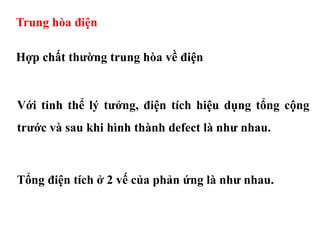 Trung hòa điện
Hợp chất thường trung hòa về điện
Với tinh thể lý tưởng, điện tích hiệu dụng tổng cộng
trước và sau khi hình thành defect là như nhau.
Tổng điện tích ở 2 vế của phản ứng là như nhau.
 