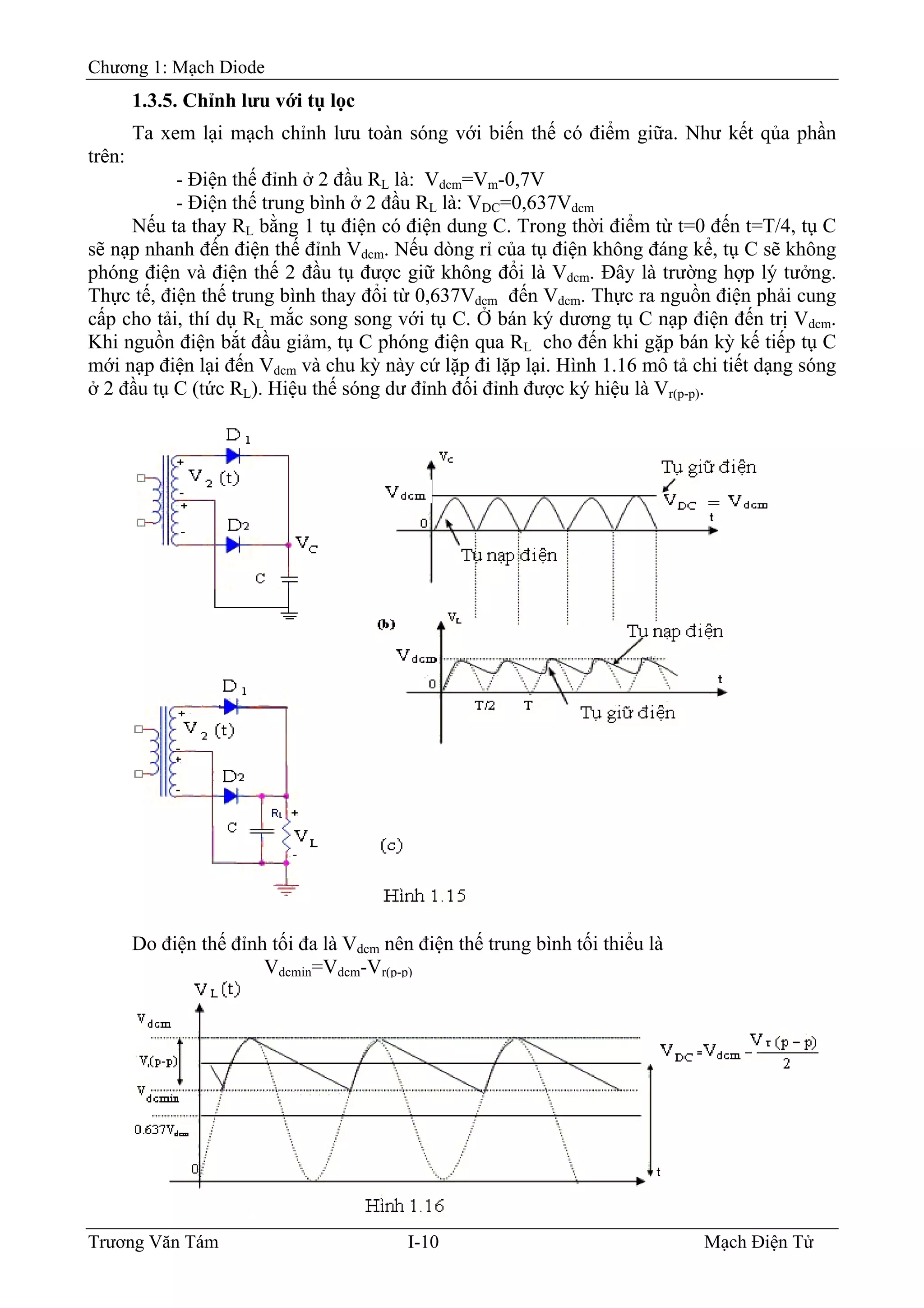 Chương 1: Mạch Diode
1.3.5. Chỉnh lưu với tụ lọc
Ta xem lại mạch chỉnh lưu toàn sóng với biến thế có điểm giữa. Như kết qủa phần
trên:
- Ðiện thế đỉnh ở 2 đầu RL là: Vdcm=Vm-0,7V
- Ðiện thế trung bình ở 2 đầu RL là: VDC=0,637Vdcm
Nếu ta thay RL bằng 1 tụ điện có điện dung C. Trong thời điểm từ t=0 đến t=T/4, tụ C
sẽ nạp nhanh đến điện thế đỉnh Vdcm. Nếu dòng rỉ của tụ điện không đáng kể, tụ C sẽ không
phóng điện và điện thế 2 đầu tụ được giữ không đổi là Vdcm. Ðây là trường hợp lý tưởng.
Thực tế, điện thế trung bình thay đổi từ 0,637Vdcm đến Vdcm. Thực ra nguồn điện phải cung
cấp cho tải, thí dụ RL mắc song song với tụ C. Ở bán ký dương tụ C nạp điện đến trị Vdcm.
Khi nguồn điện bắt đầu giảm, tụ C phóng điện qua RL cho đến khi gặp bán kỳ kế tiếp tụ C
mới nạp điện lại đến Vdcm và chu kỳ này cứ lặp đi lặp lại. Hình 1.16 mô tả chi tiết dạng sóng
ở 2 đầu tụ C (tức RL). Hiệu thế sóng dư đỉnh đối đỉnh được ký hiệu là Vr(p-p).
Do điện thế đỉnh tối đa là Vdcm nên điện thế trung bình tối thiểu là
Vdcmin=Vdcm-Vr(p-p)
Trương Văn Tám I-10 Mạch Điện Tử
 
