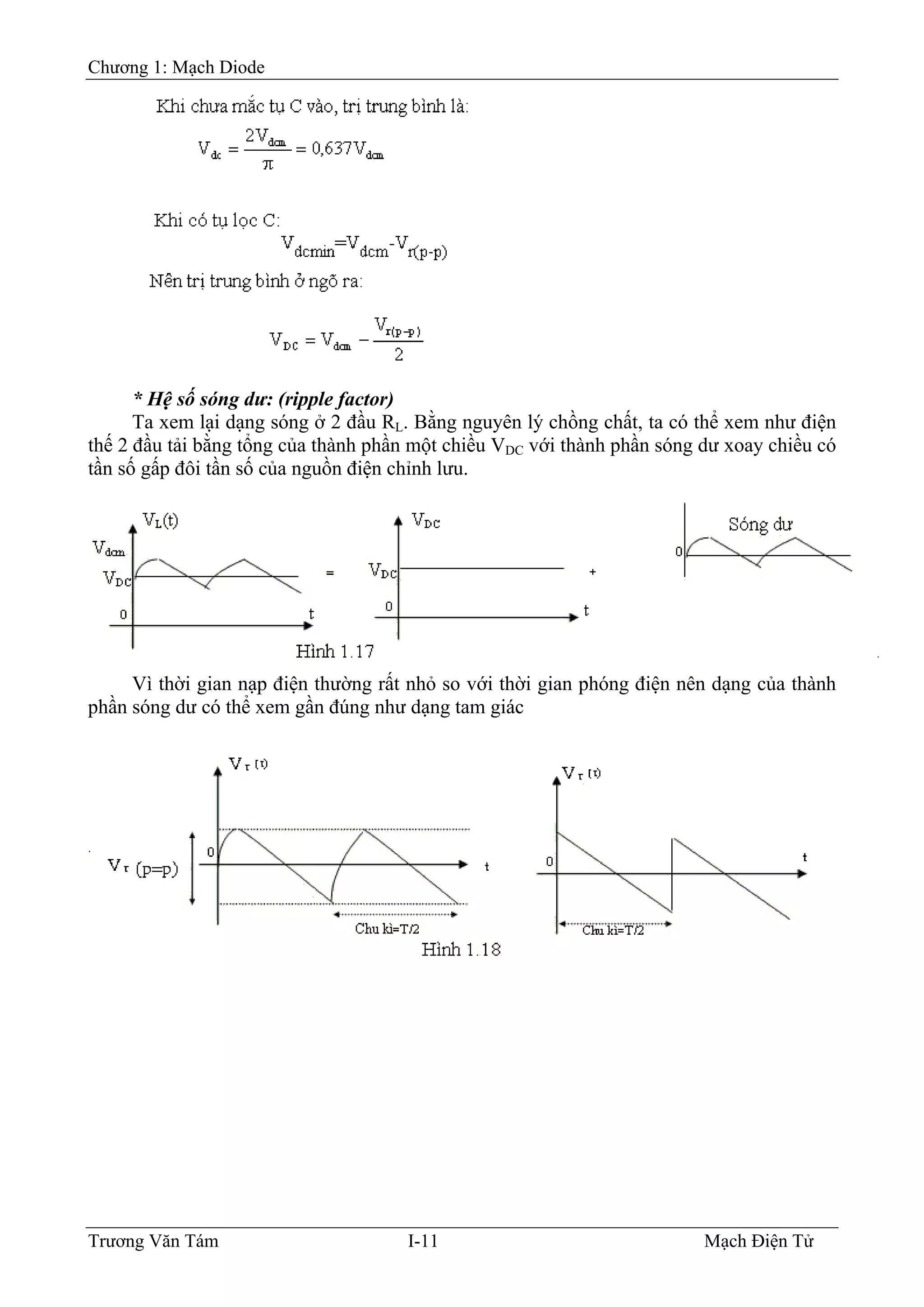 Chương 1: Mạch Diode
* Hệ số sóng dư: (ripple factor)
Ta xem lại dạng sóng ở 2 đầu RL. Bằng nguyên lý chồng chất, ta có thể xem như điện
thế 2 đầu tải bằng tổng của thành phần một chiều VDC với thành phần sóng dư xoay chiều có
tần số gấp đôi tần số của nguồn điện chỉnh lưu.
Vì thời gian nạp điện thường rất nhỏ so với thời gian phóng điện nên dạng của thành
phần sóng dư có thể xem gần đúng như dạng tam giác
Trương Văn Tám I-11 Mạch Điện Tử
 
