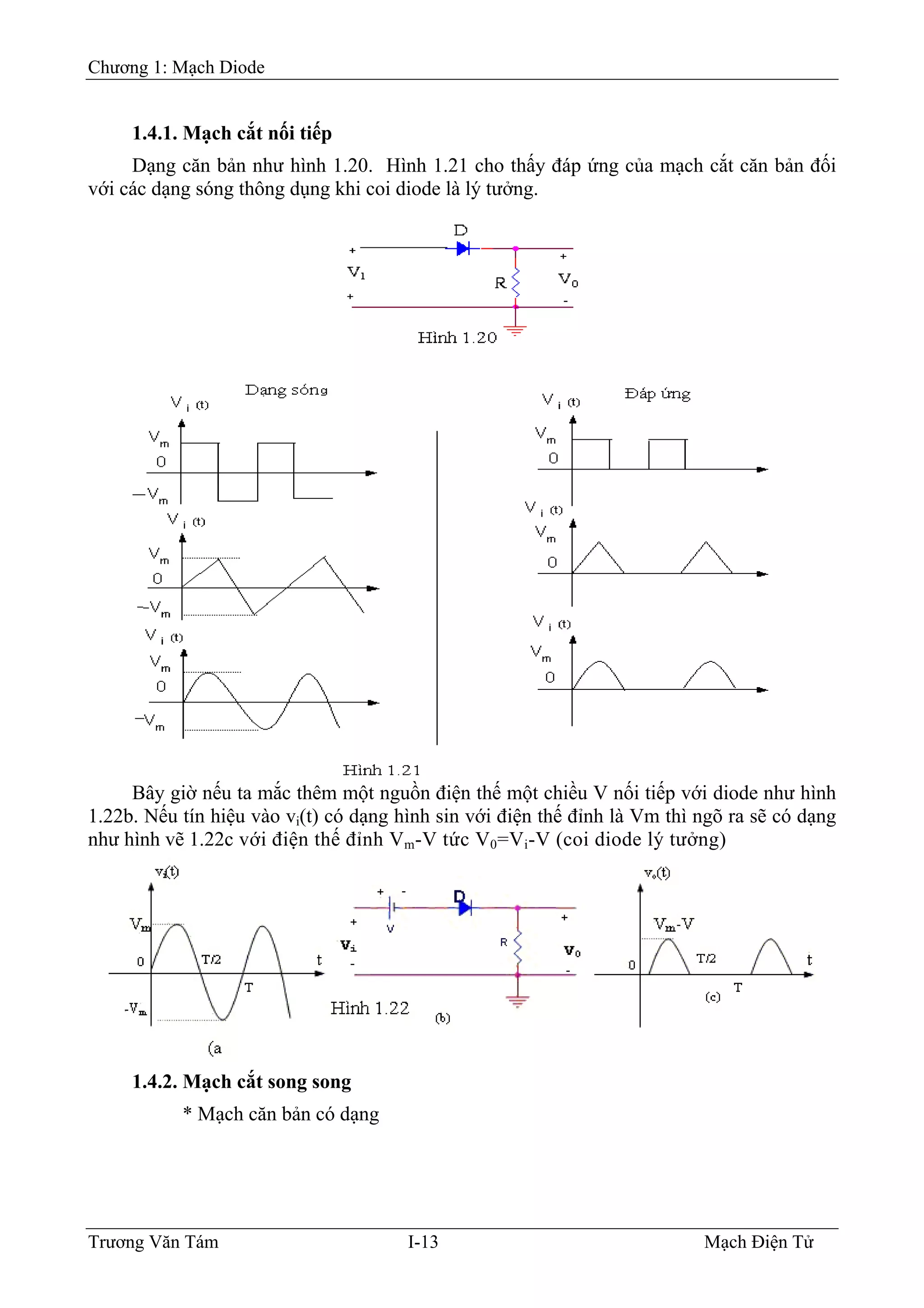 Chương 1: Mạch Diode
1.4.1. Mạch cắt nối tiếp
Dạng căn bản như hình 1.20. Hình 1.21 cho thấy đáp ứng của mạch cắt căn bản đối
với các dạng sóng thông dụng khi coi diode là lý tưởng.
Bây giờ nếu ta mắc thêm một nguồn điện thế một chiều V nối tiếp với diode như hình
1.22b. Nếu tín hiệu vào vi(t) có dạng hình sin với điện thế đỉnh là Vm thì ngõ ra sẽ có dạng
như hình vẽ 1.22c với điện thế đỉnh Vm-V tức V0=Vi-V (coi diode lý tưởng)
1.4.2. Mạch cắt song song
* Mạch căn bản có dạng
Trương Văn Tám I-13 Mạch Điện Tử
 
