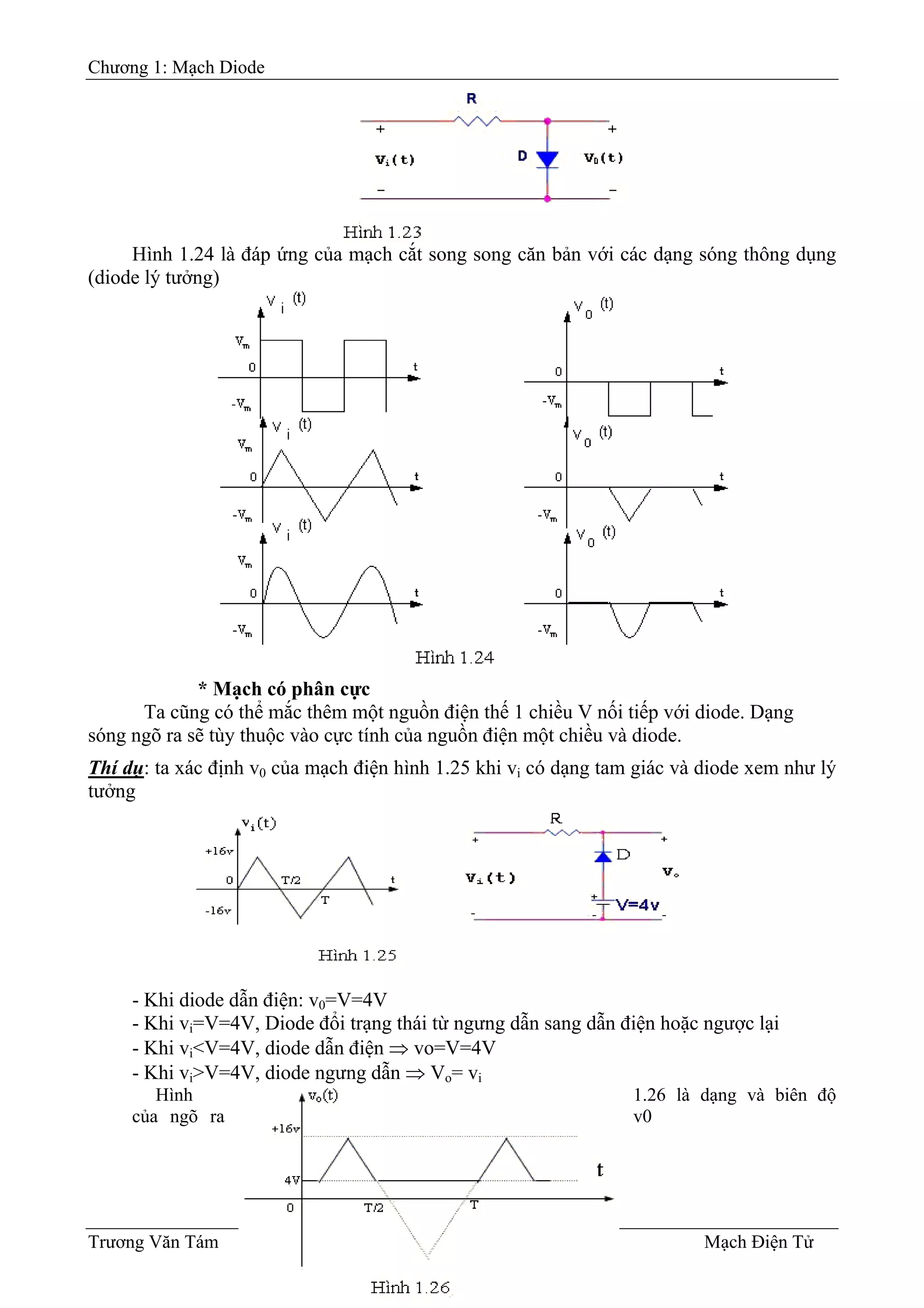 Chương 1: Mạch Diode
Hình 1.24 là đáp ứng của mạch cắt song song căn bản với các dạng sóng thông dụng
(diode lý tưởng)
* Mạch có phân cực
Ta cũng có thể mắc thêm một nguồn điện thế 1 chiều V nối tiếp với diode. Dạng
sóng ngõ ra sẽ tùy thuộc vào cực tính của nguồn điện một chiều và diode.
Thí dụ: ta xác định v0 của mạch điện hình 1.25 khi vi có dạng tam giác và diode xem như lý
tưởng
- Khi diode dẫn điện: v0=V=4V
- Khi vi=V=4V, Diode đổi trạng thái từ ngưng dẫn sang dẫn điện hoặc ngược lại
- Khi vi<V=4V, diode dẫn điện ⇒ vo=V=4V
- Khi vi>V=4V, di
Hình
ode ngưng dẫn ⇒ Vo= vi
1.26 là dạng và biên độ
của ngõ ra v0
Trương Văn Tám I-14 Mạch Điện Tử
 